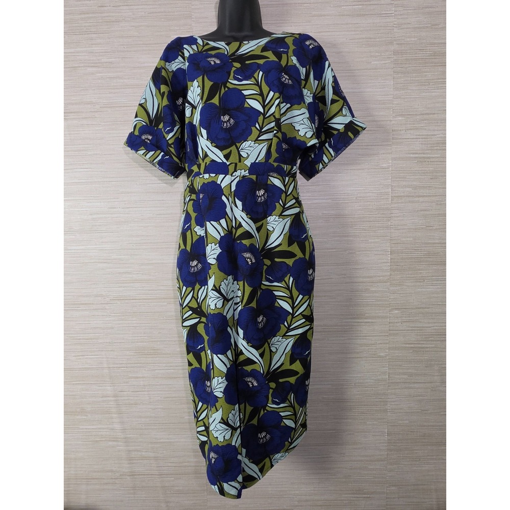 ASOS Floral Midi Sheath Dress Women Size 6 Blue Green Short Sleeve Lined Zip